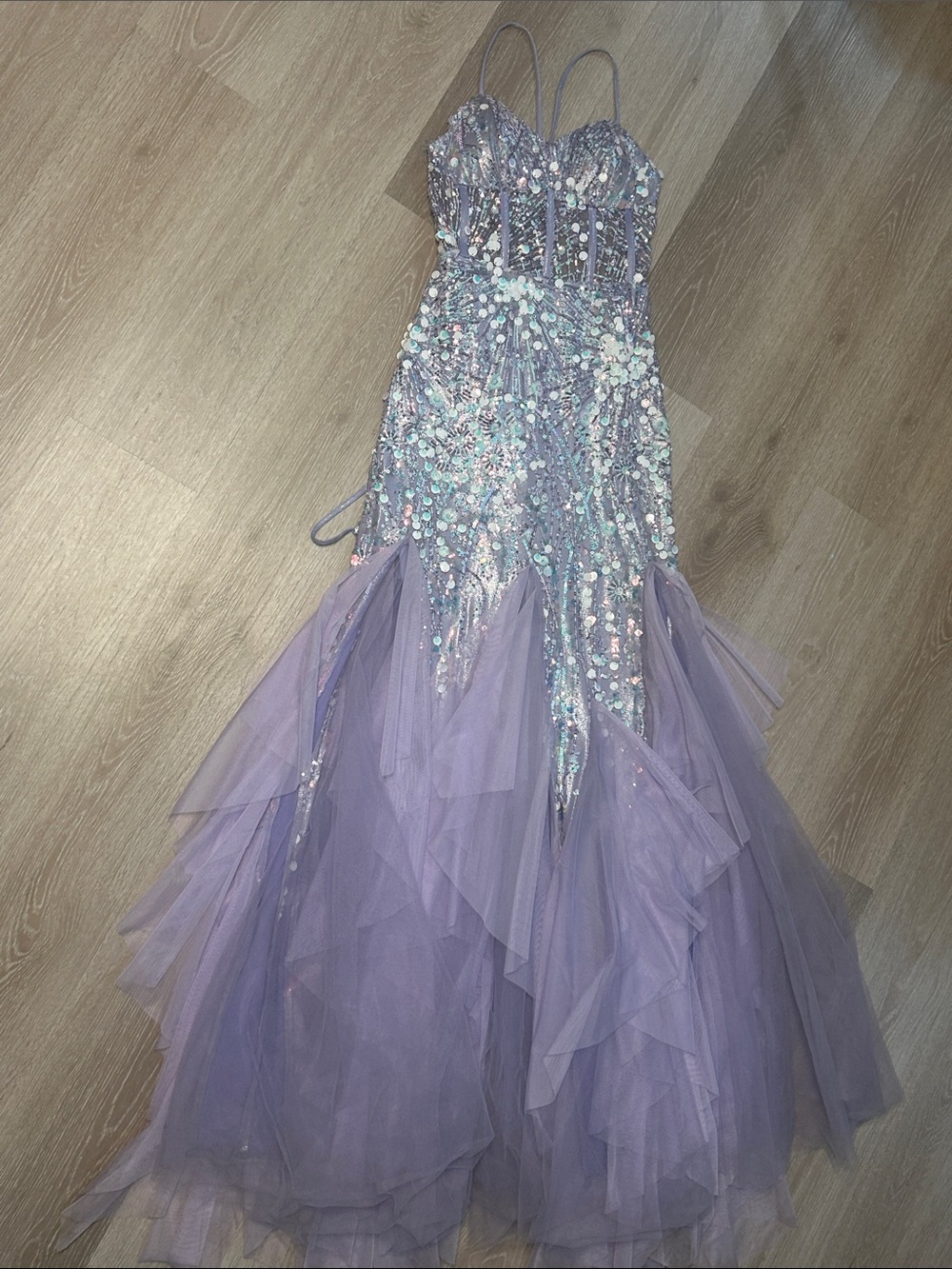 Dear Moon Lilac Long Sequin Boned Sheer Bodice Tulle Mermaid Dress Sz 7